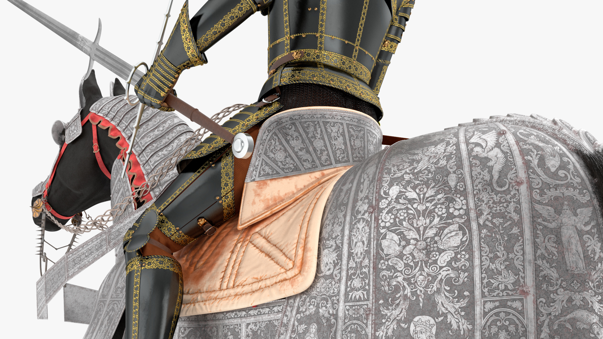 3D Medieval Horse in Armor with Knight Riding Fur