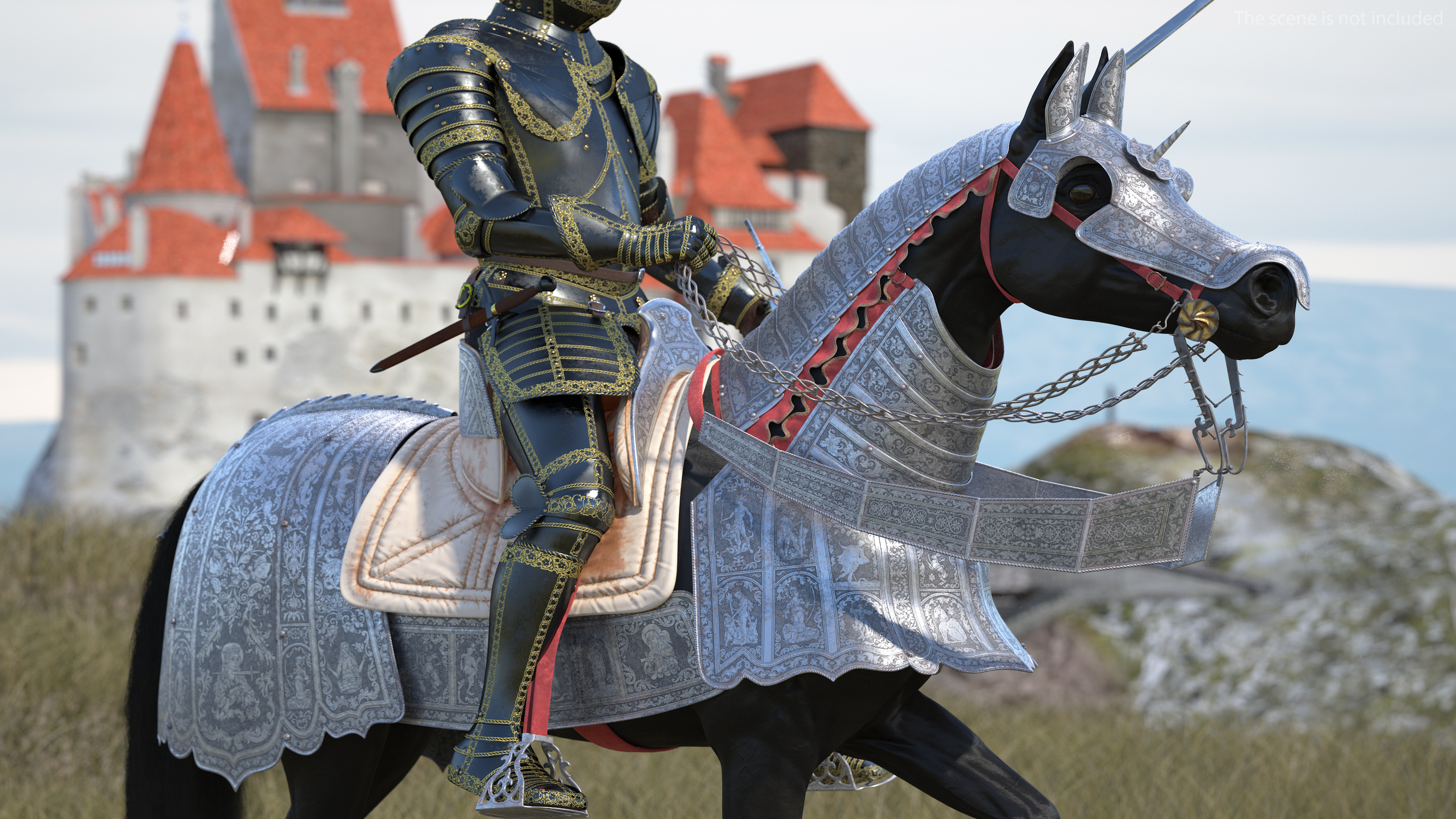 3D Medieval Horse in Armor with Knight Riding Fur