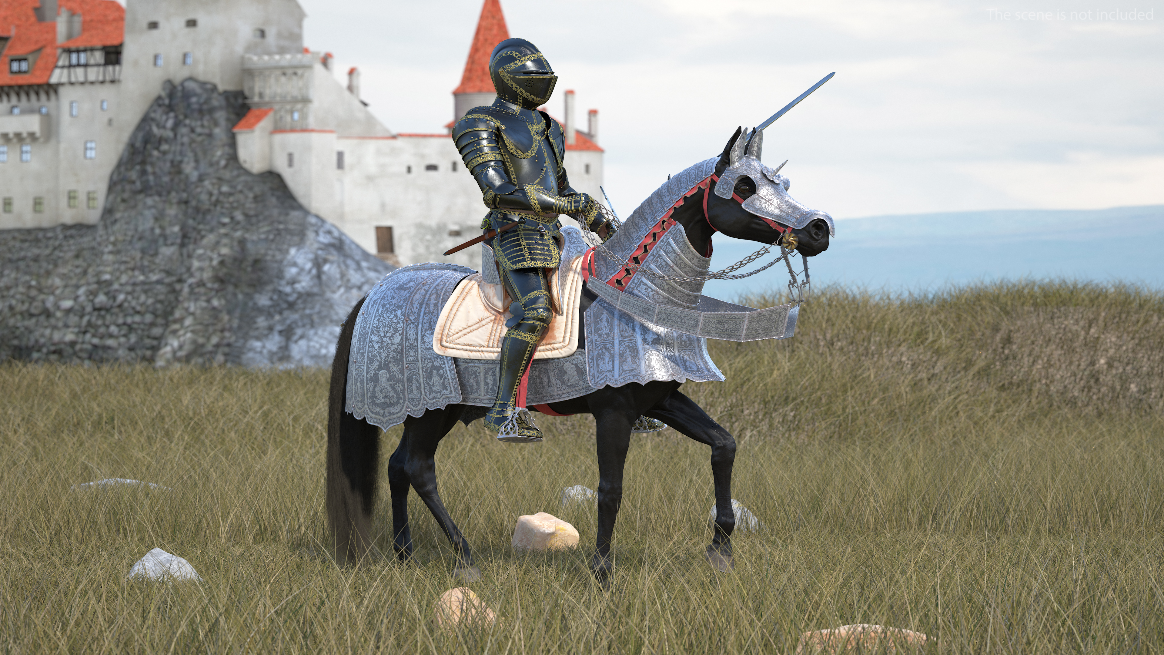 3D Medieval Horse in Armor with Knight Riding Fur