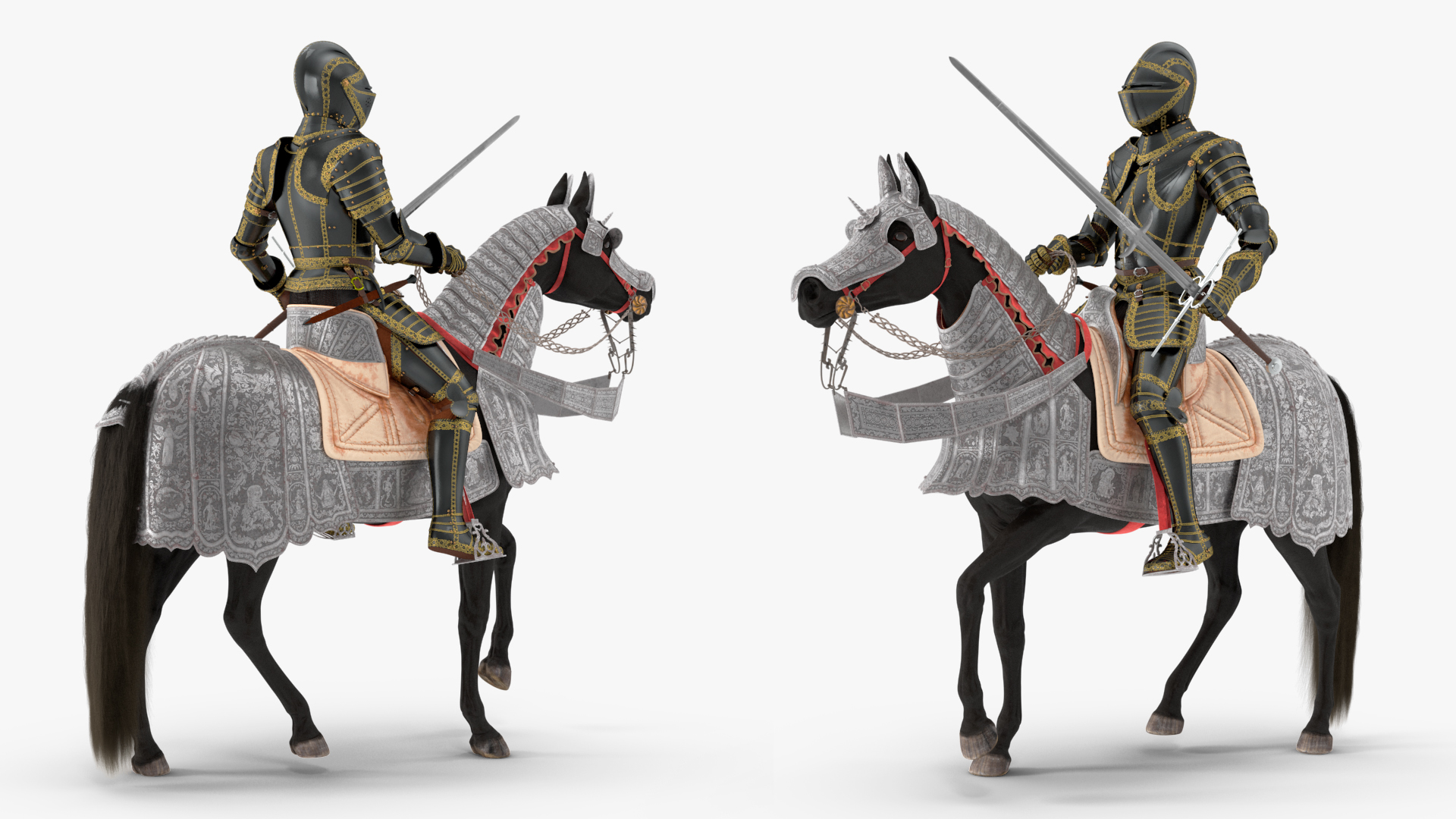 3D Medieval Horse in Armor with Knight Riding Fur