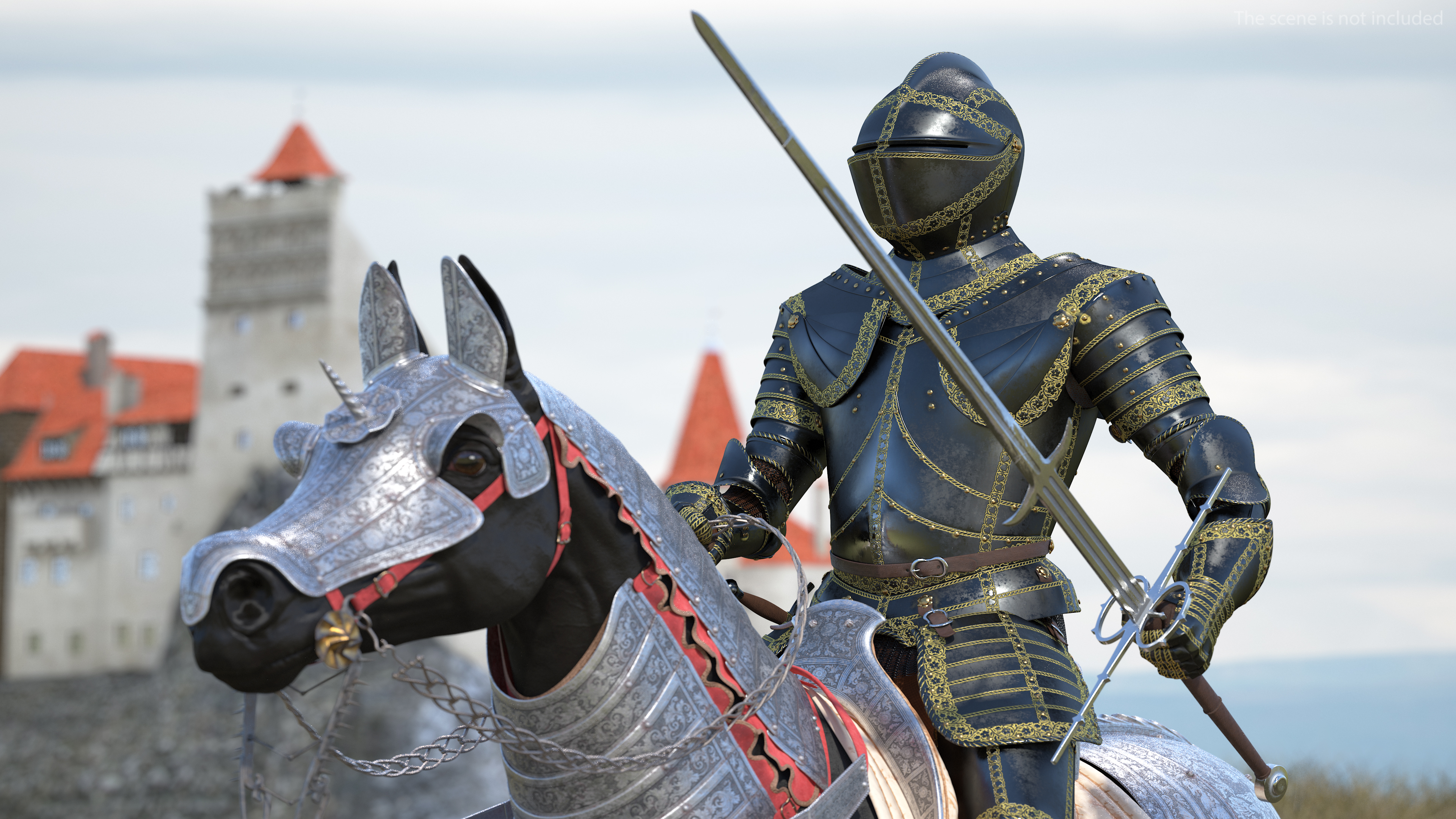 3D Medieval Horse in Armor with Knight Riding Fur