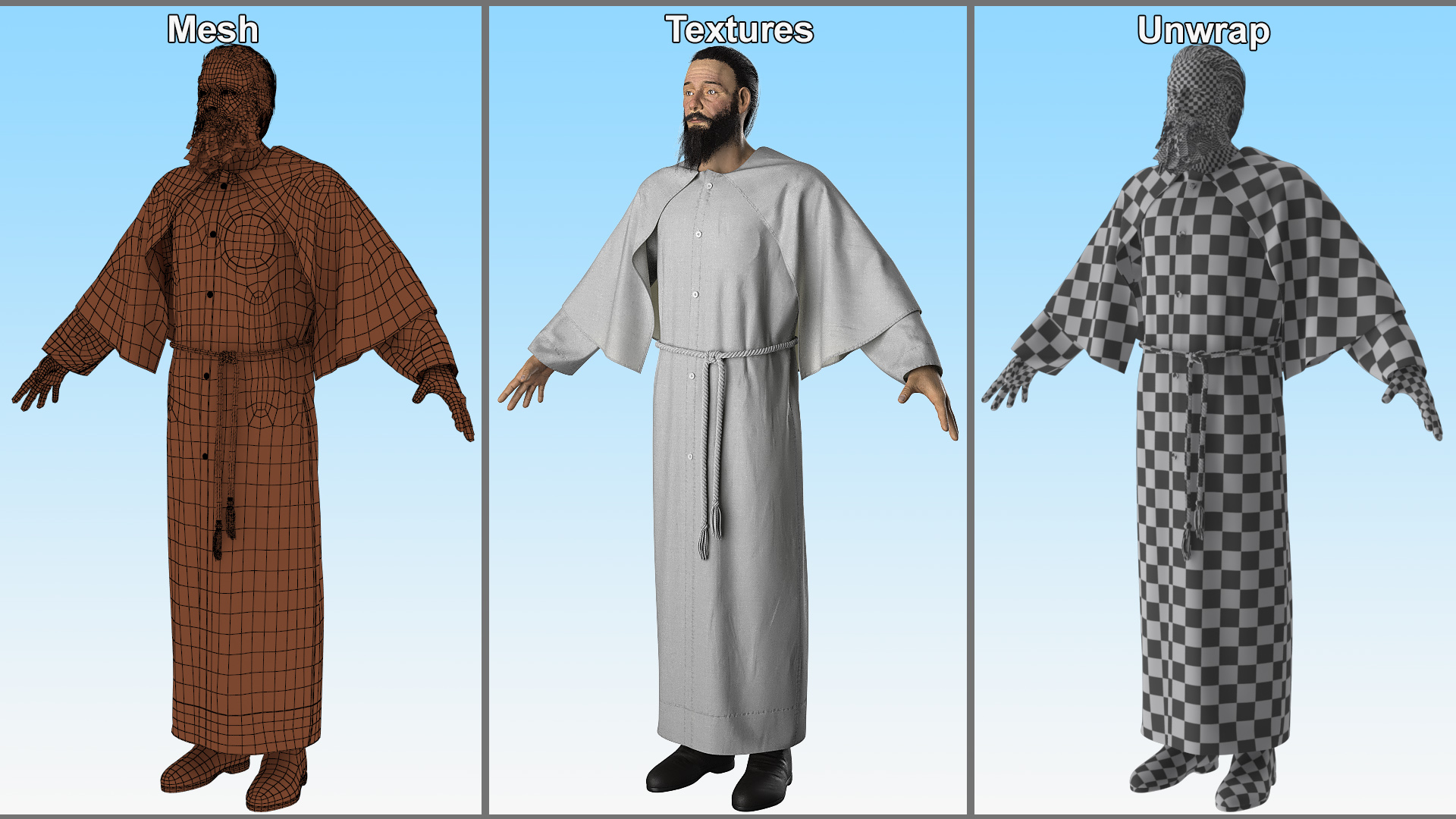 Monk with White Robe and Cape 3D model