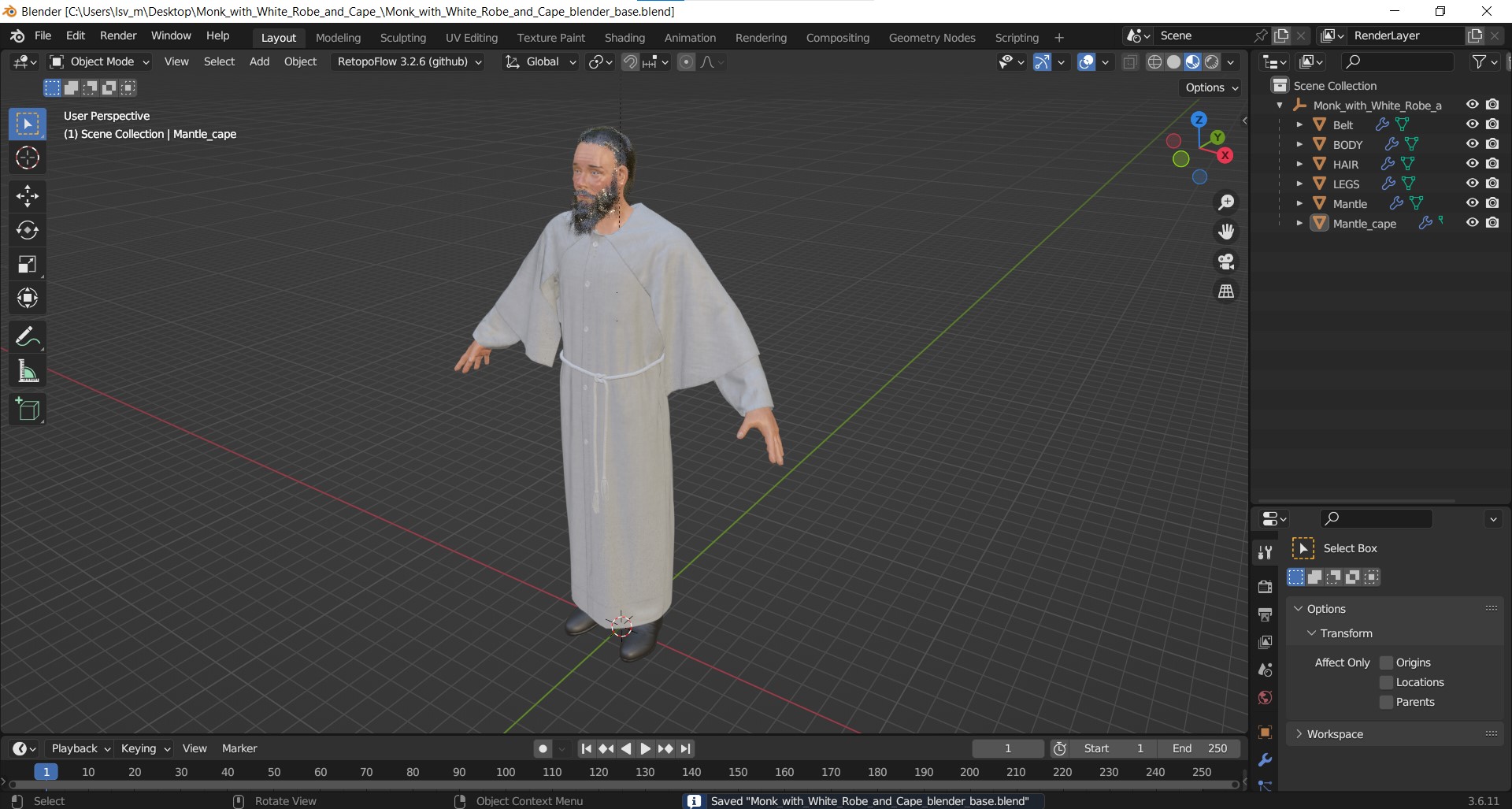 Monk with White Robe and Cape 3D model