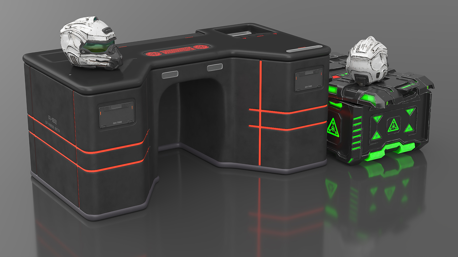 3D model Futuristic Control Console with Helmet and Storage Container