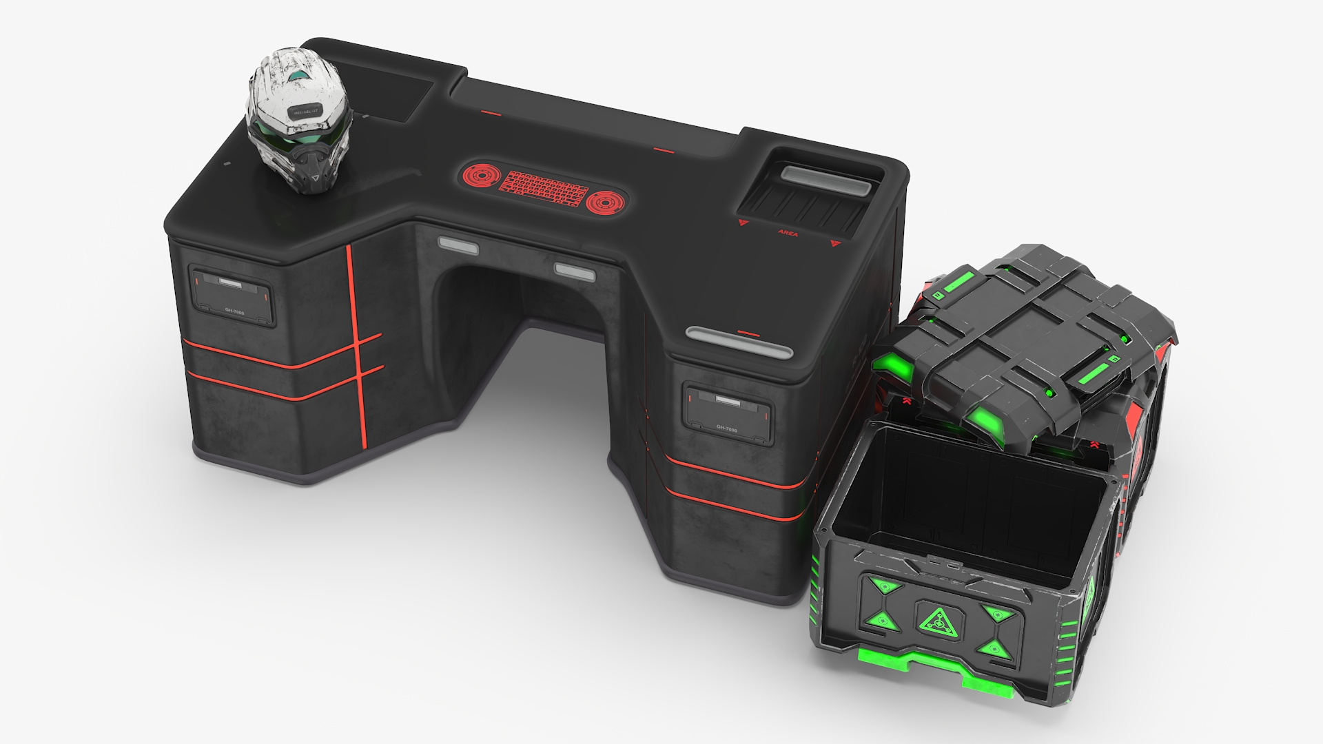 3D model Futuristic Control Console with Helmet and Storage Container