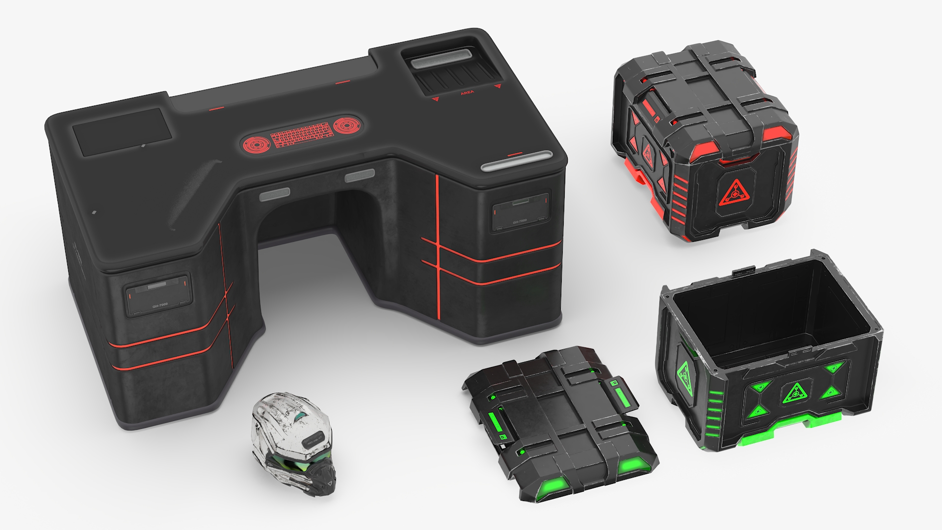 3D model Futuristic Control Console with Helmet and Storage Container