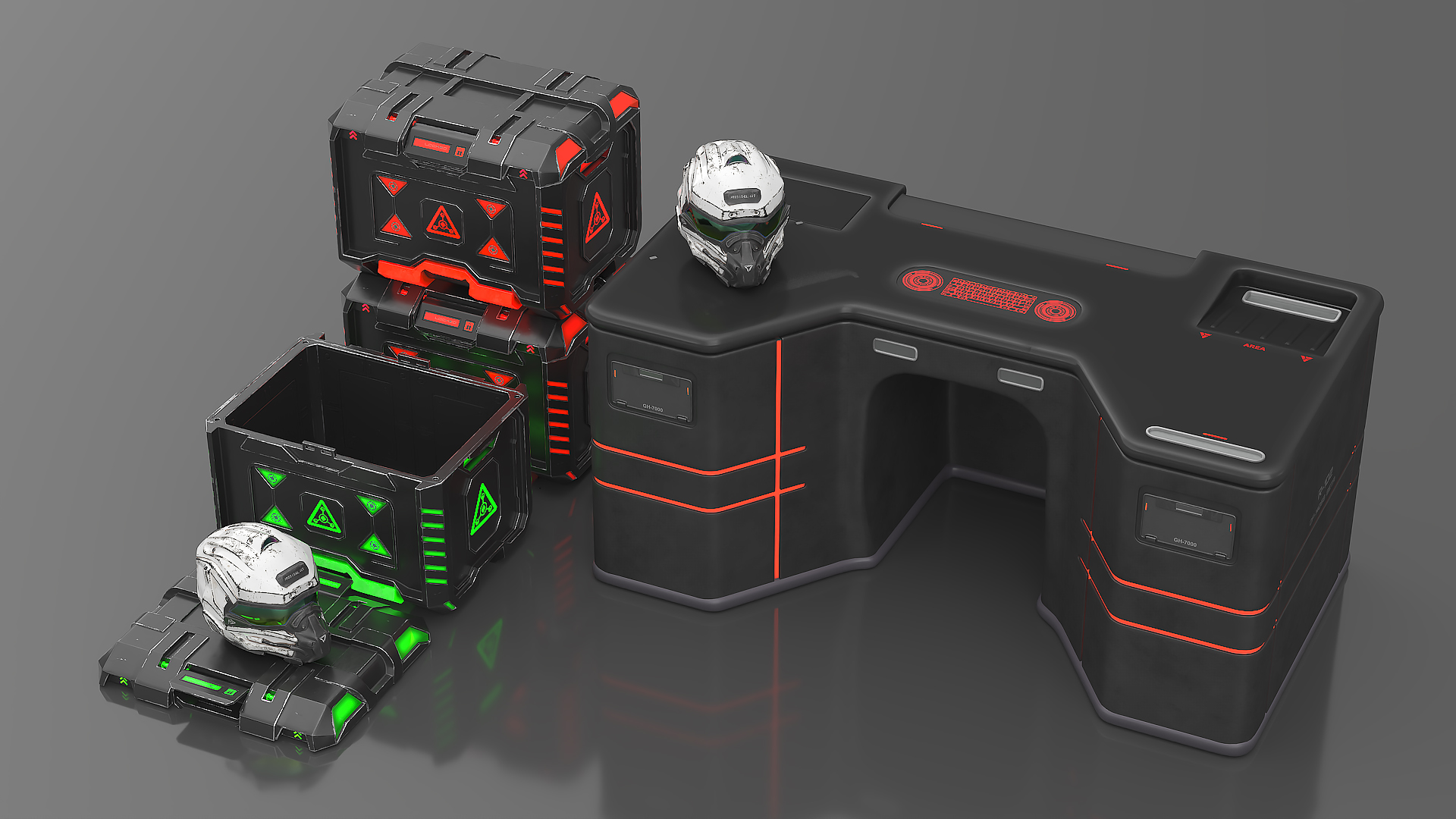 3D model Futuristic Control Console with Helmet and Storage Container