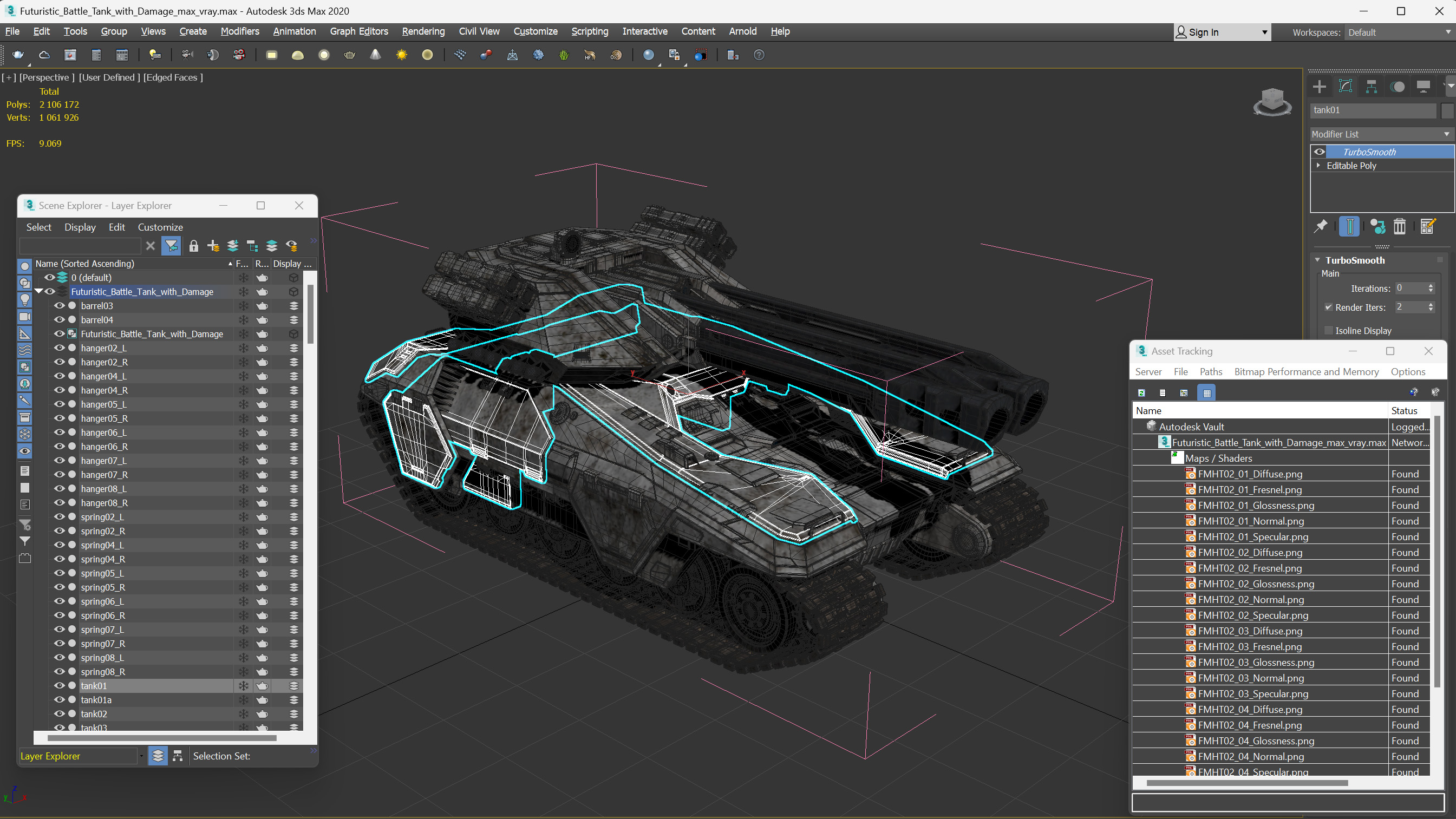 Futuristic Battle Tank with Damage 3D model