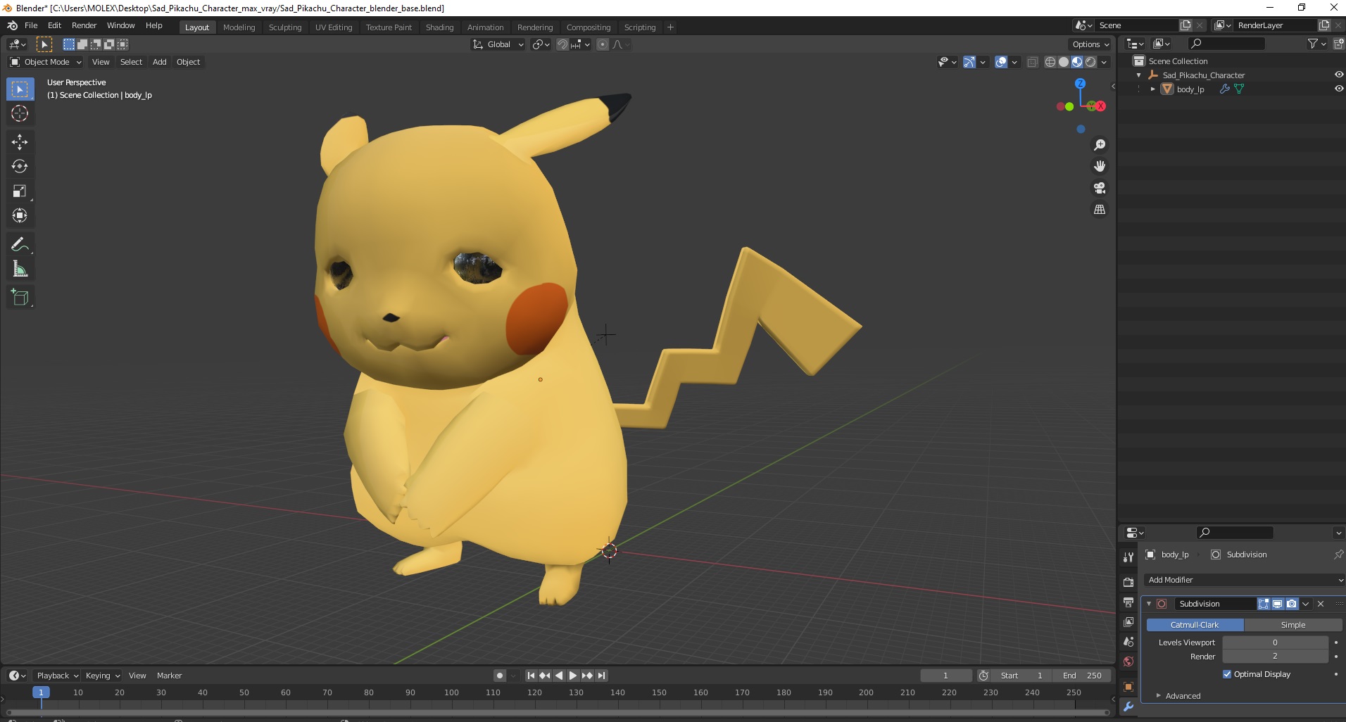 3D Sad Pikachu Character