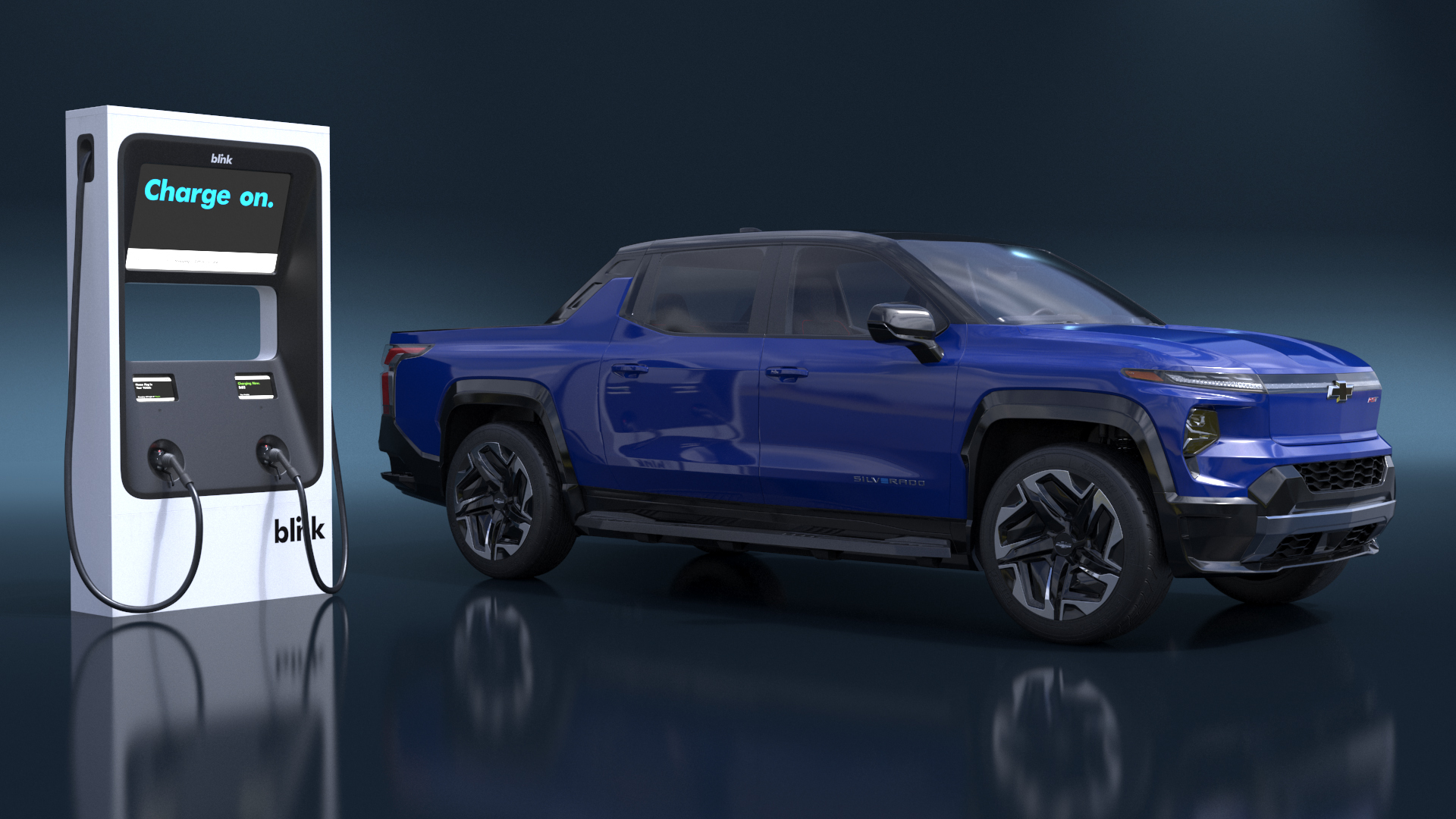 3D model Chevrolet Silverado EV Blue with Blink Car Fast Charger