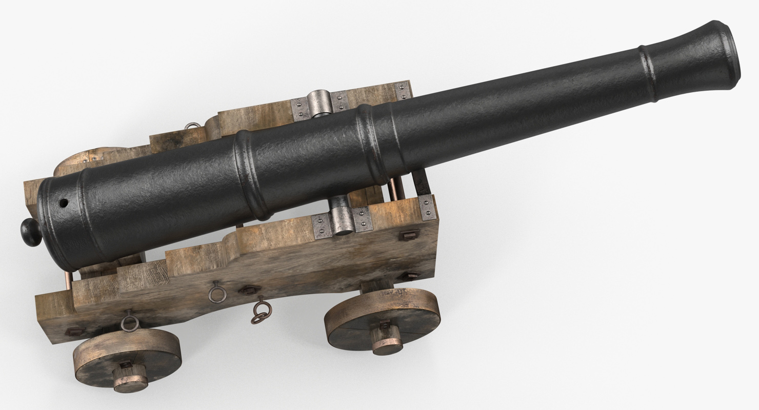 3D Old Ship Cannon with Wooden Carriage