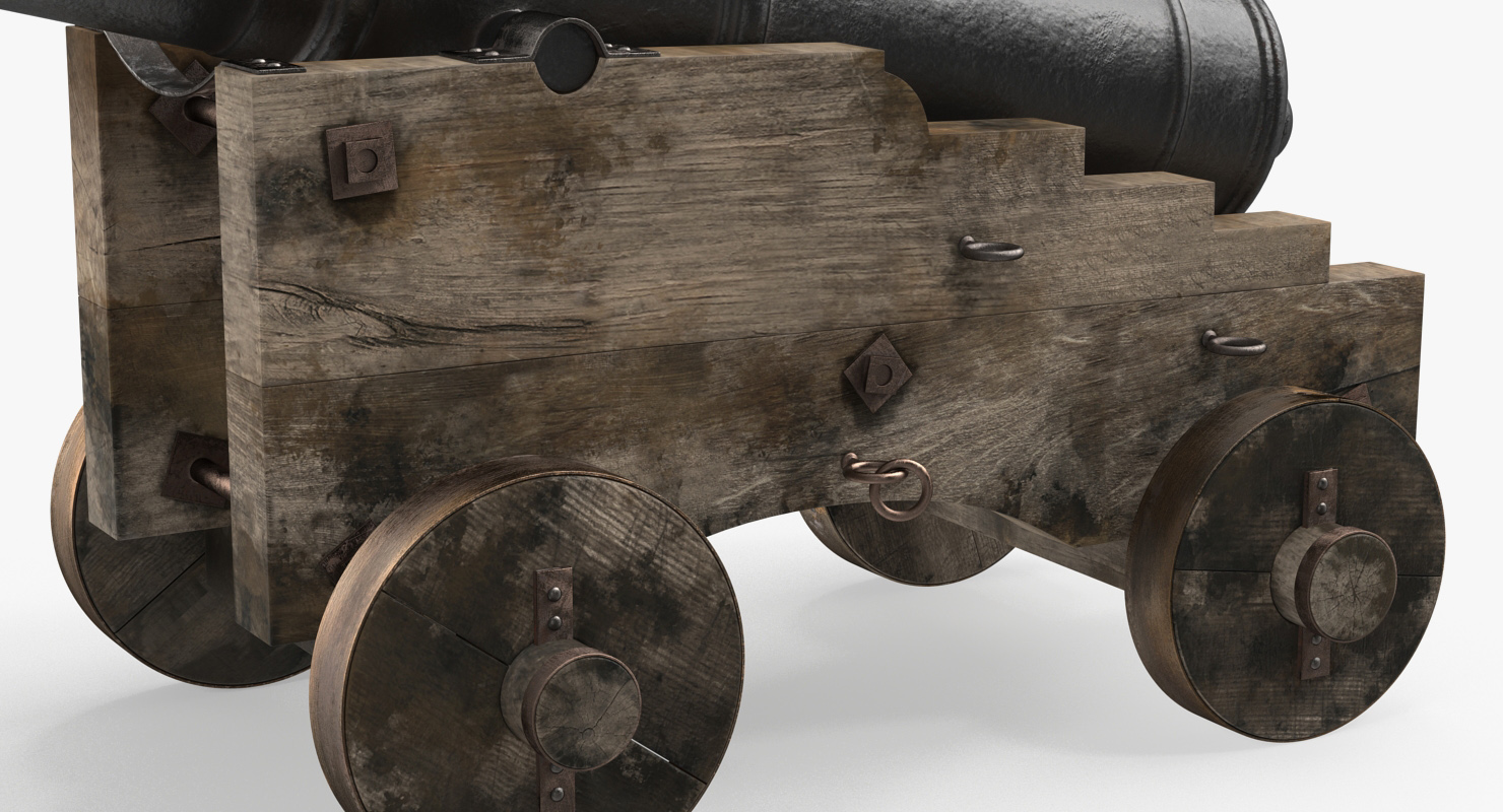 3D Old Ship Cannon with Wooden Carriage