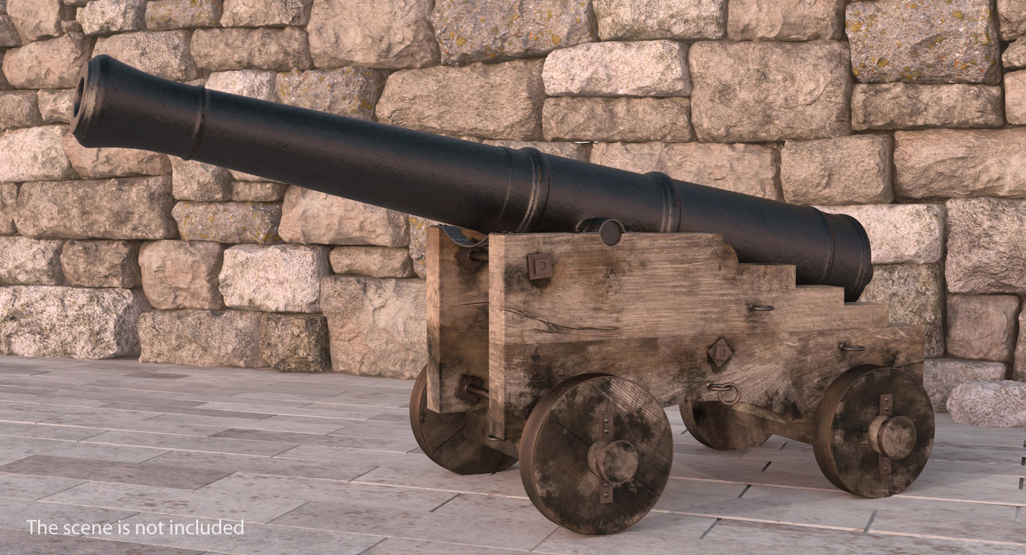 3D Old Ship Cannon with Wooden Carriage