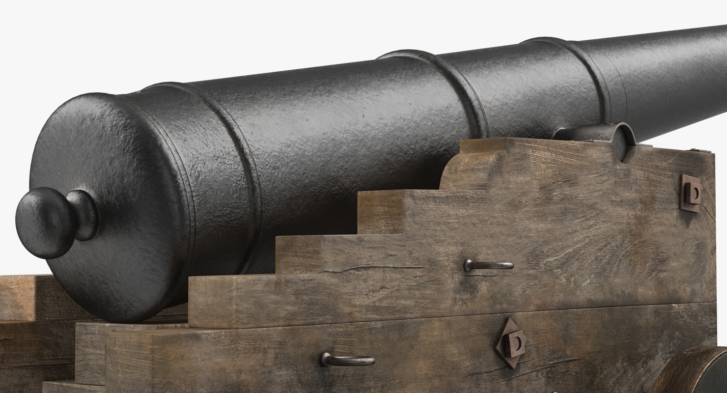 3D Old Ship Cannon with Wooden Carriage