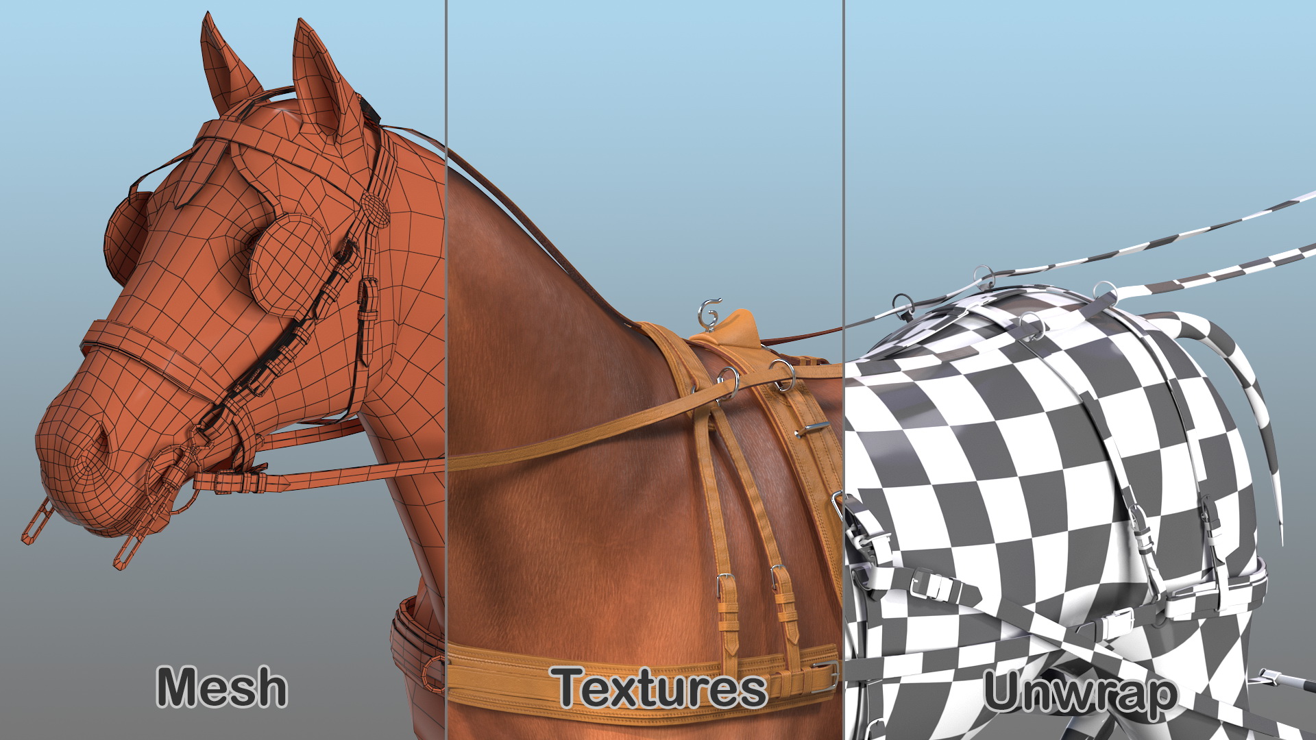 3D model Horse Drawn Leather Harness Walking Pose