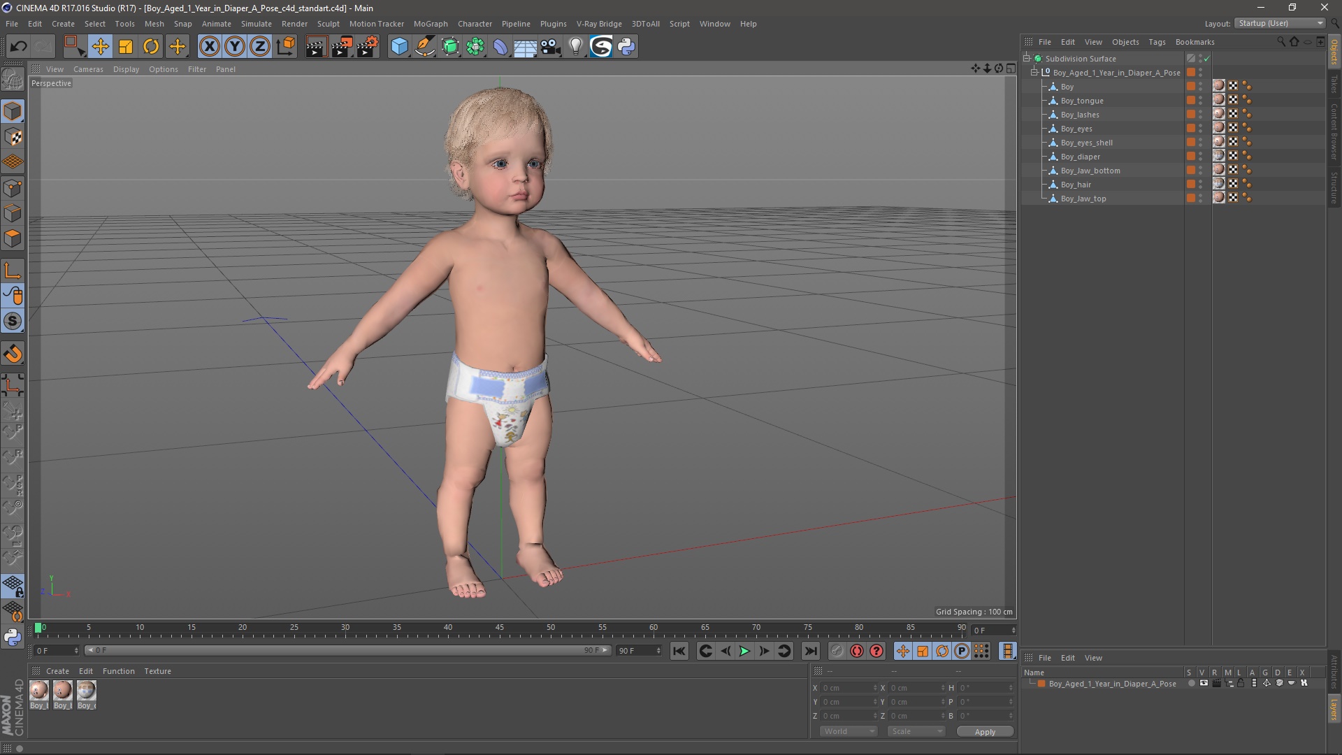 Boy Aged 1 Year in Diaper A-Pose 3D