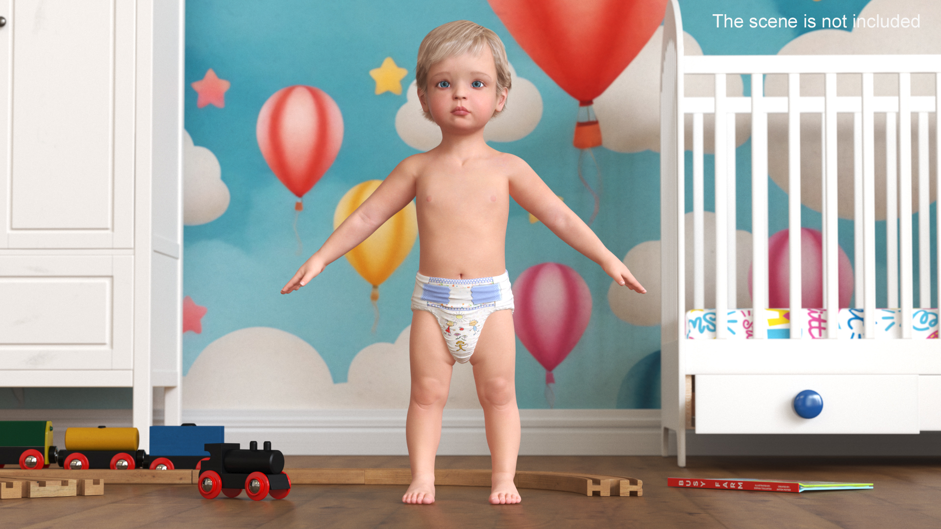 Boy Aged 1 Year in Diaper A-Pose 3D