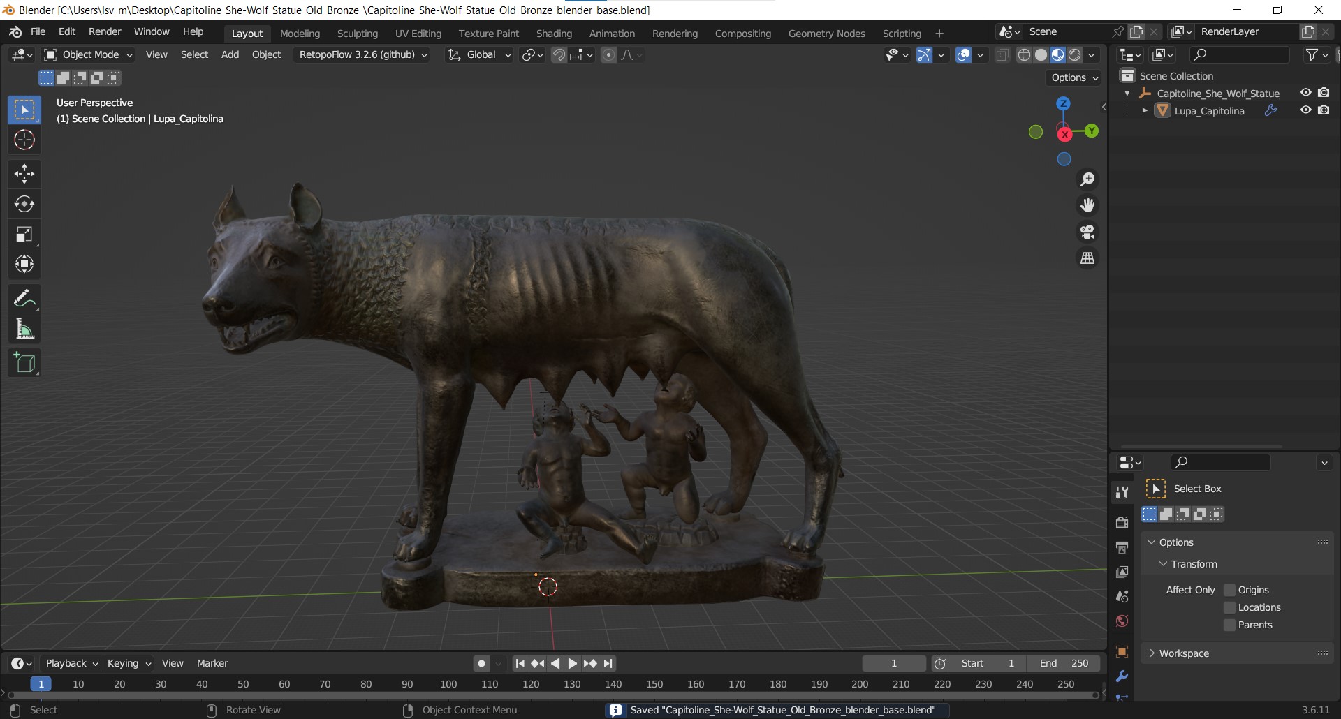 Capitoline She-Wolf Statue Old Bronze 3D