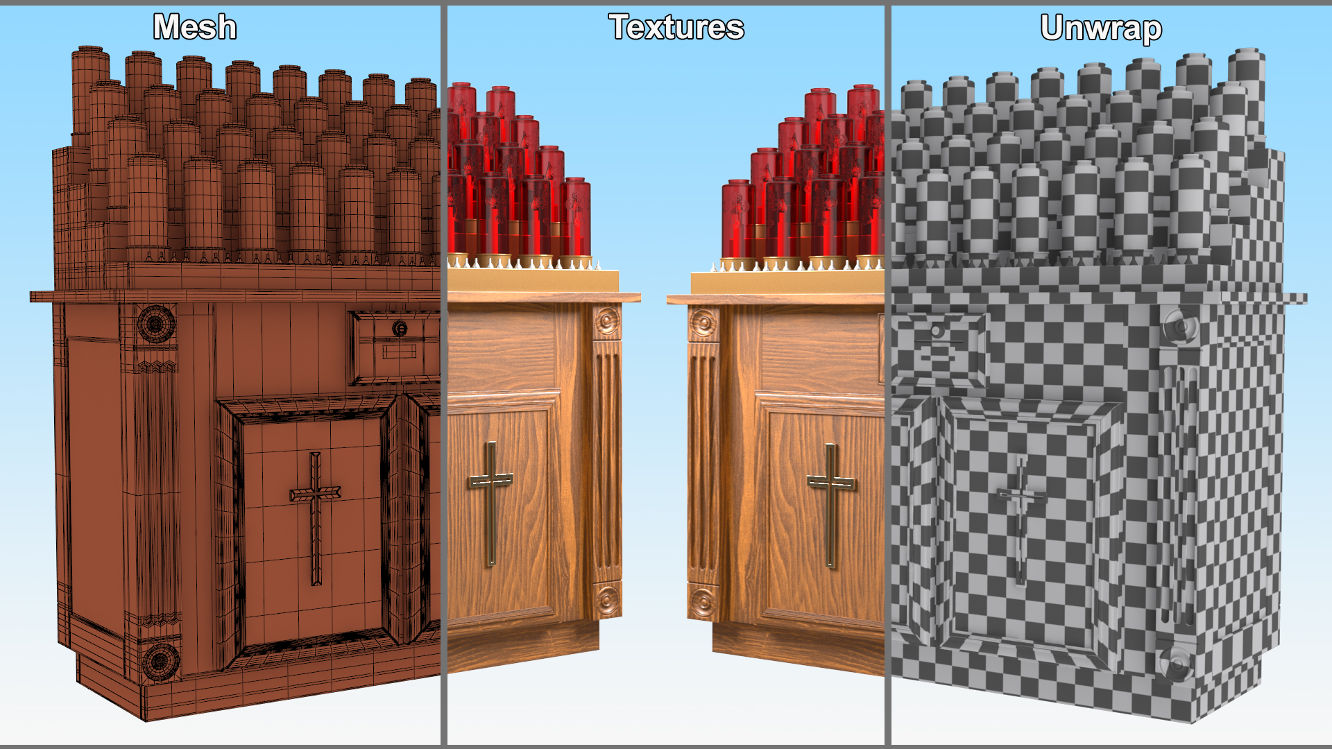 3D Church Votive Candle Stand Wooden Cabinet