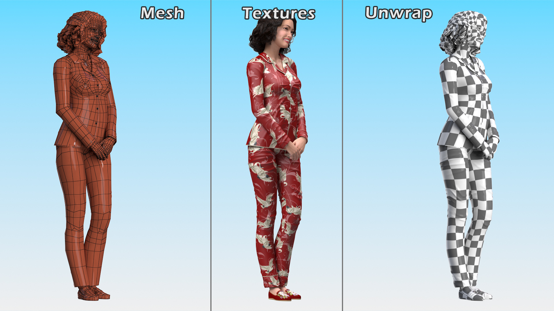 Asian Woman in Satin Pijama 3D