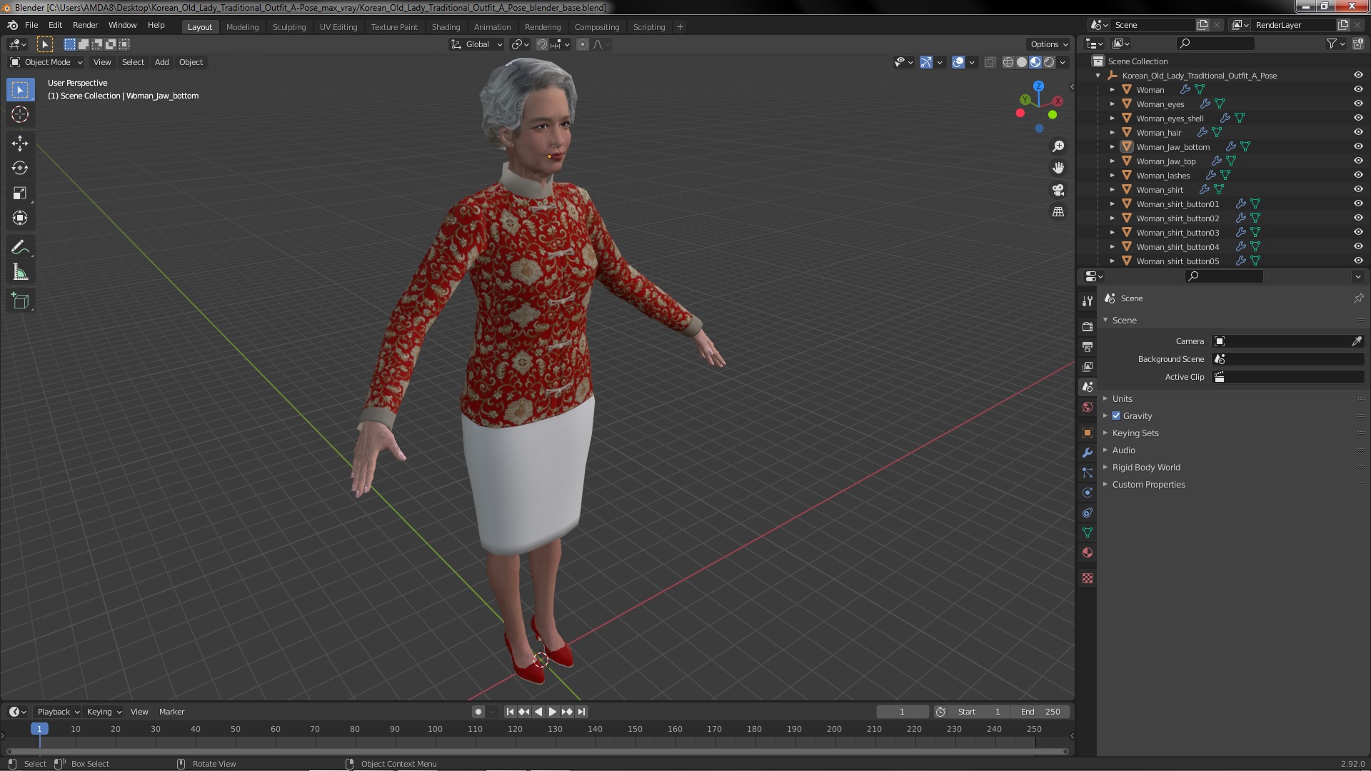 3D Korean Old Lady Traditional Outfit A-Pose