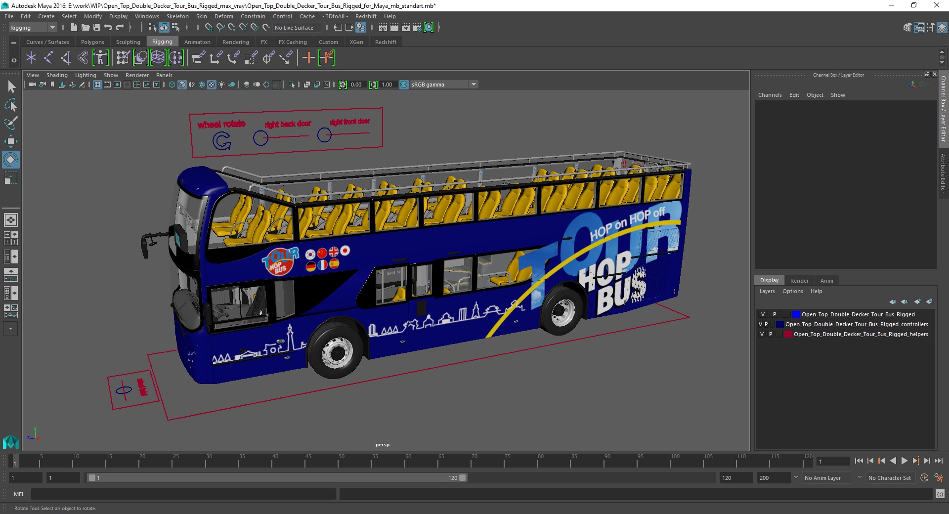 Open Top Double Decker Tour Bus Rigged for Maya 3D