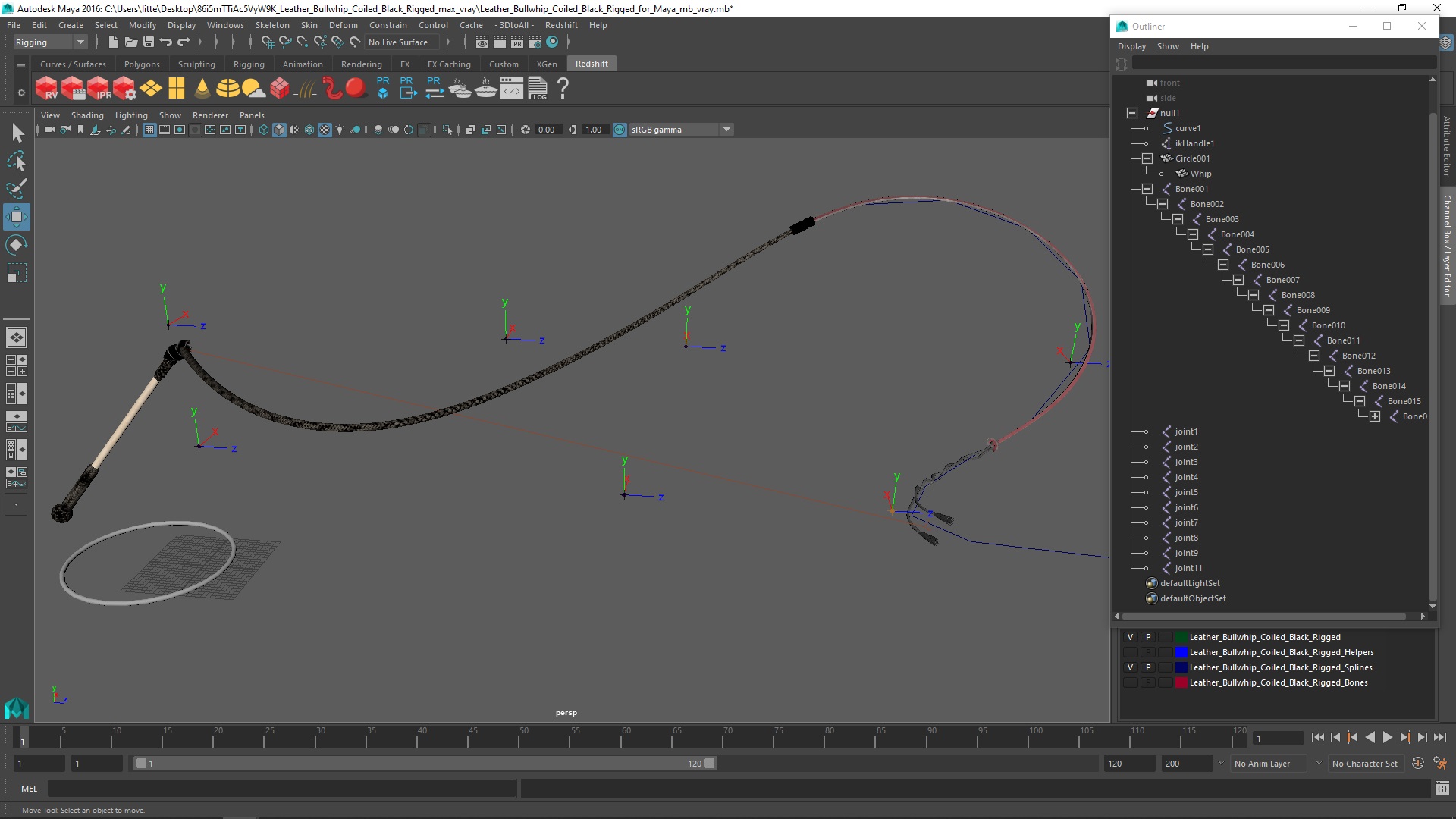 3D model Leather Bullwhip Coiled Black Rigged for Maya