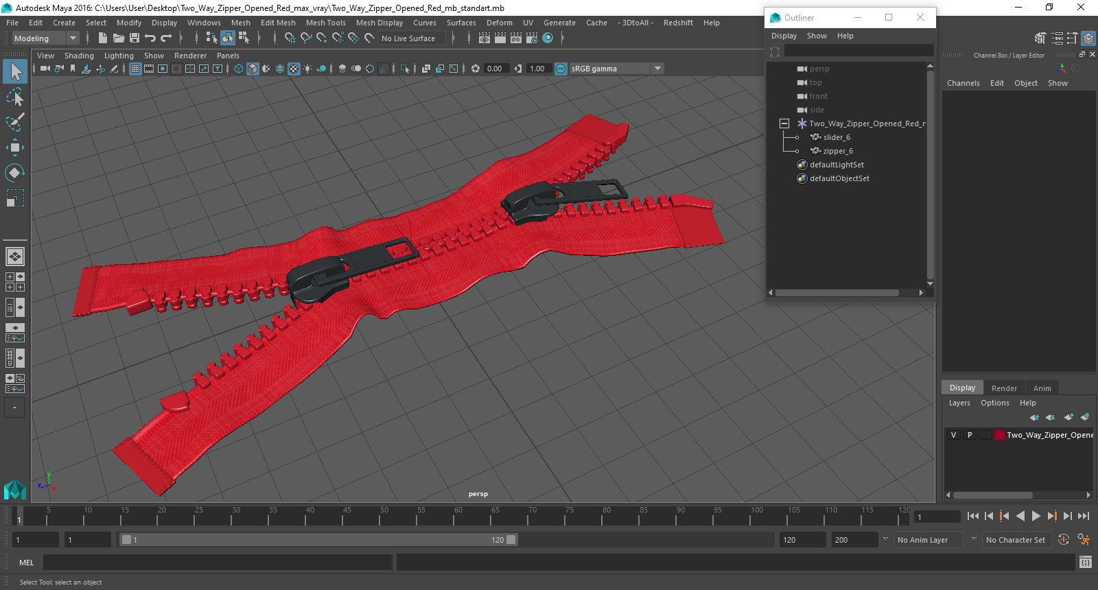 3D model Two Way Zipper Opened Red