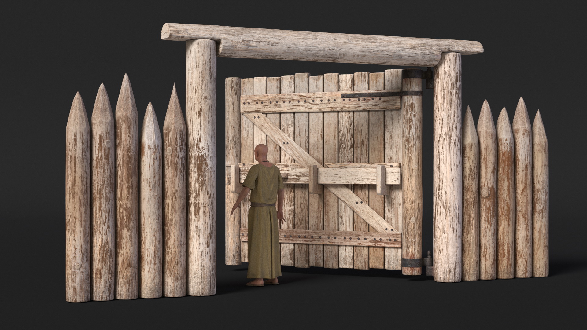 Medieval Wooden Gate and Monk 3D model