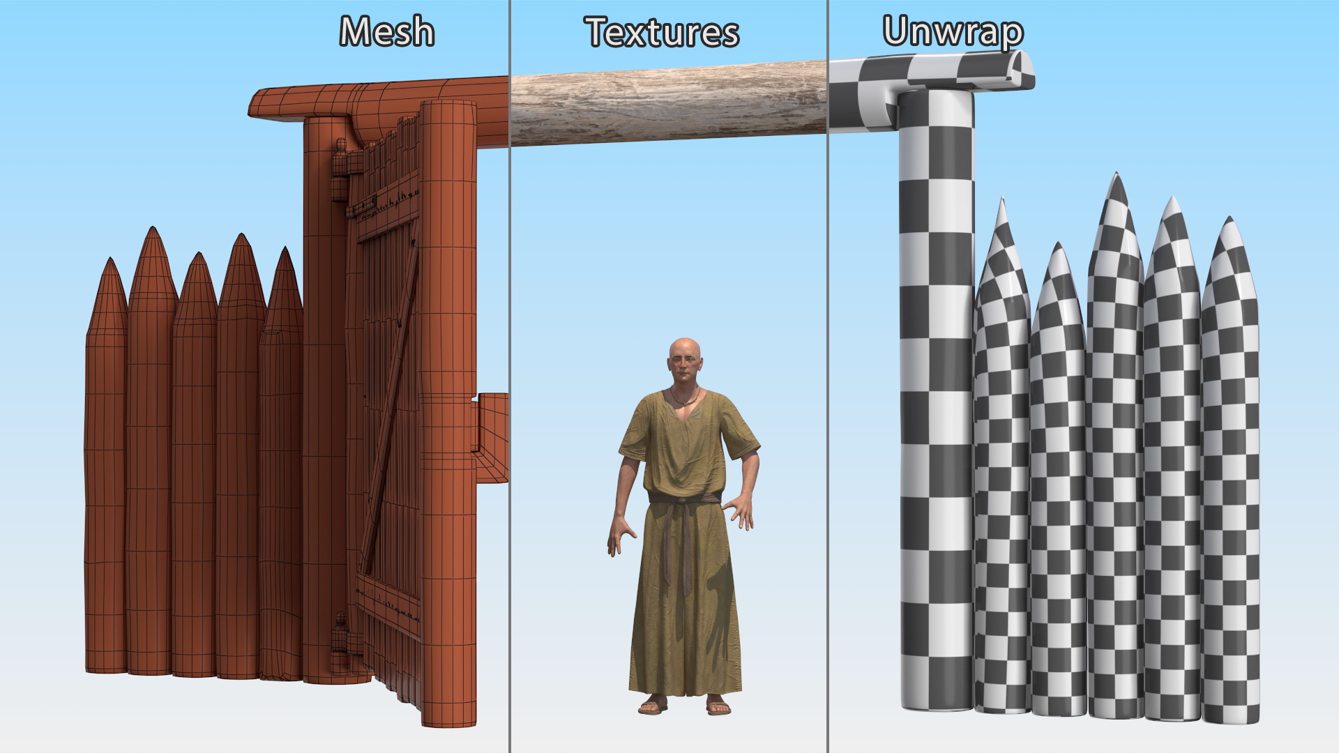 Medieval Wooden Gate and Monk 3D model