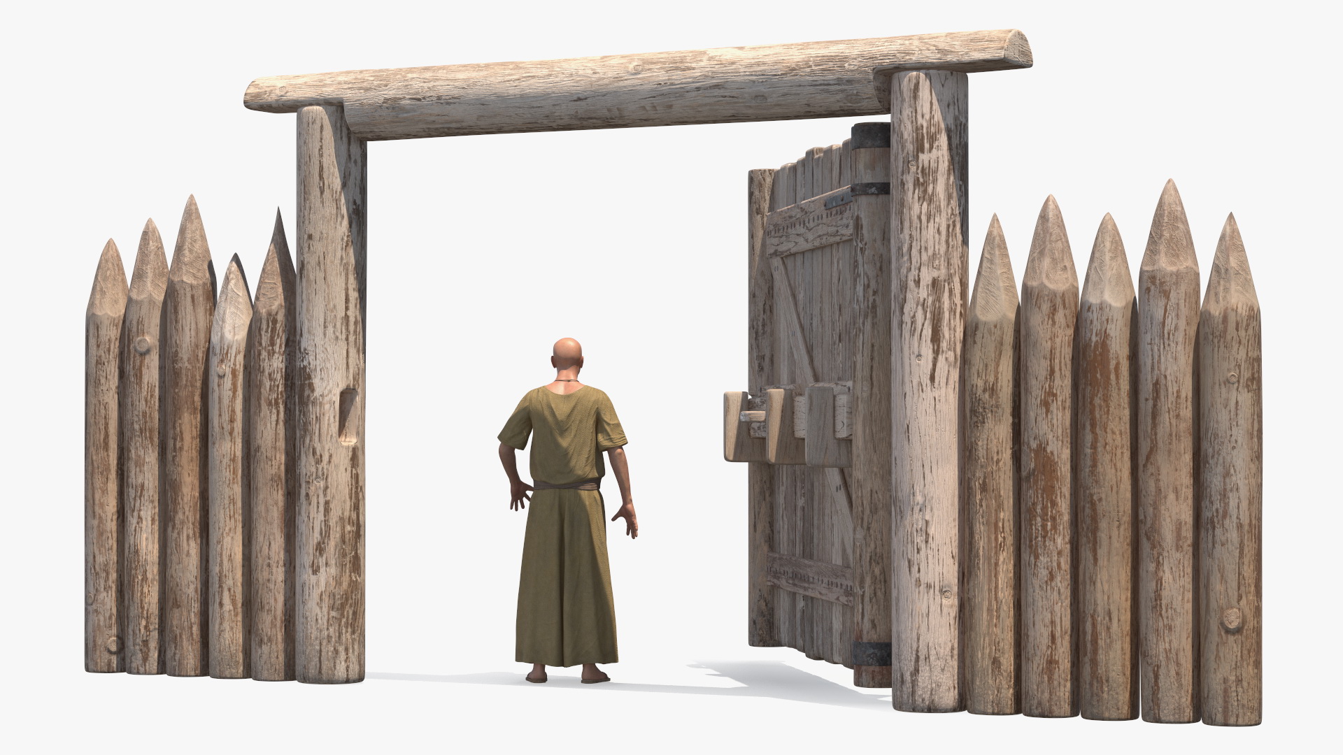 Medieval Wooden Gate and Monk 3D model