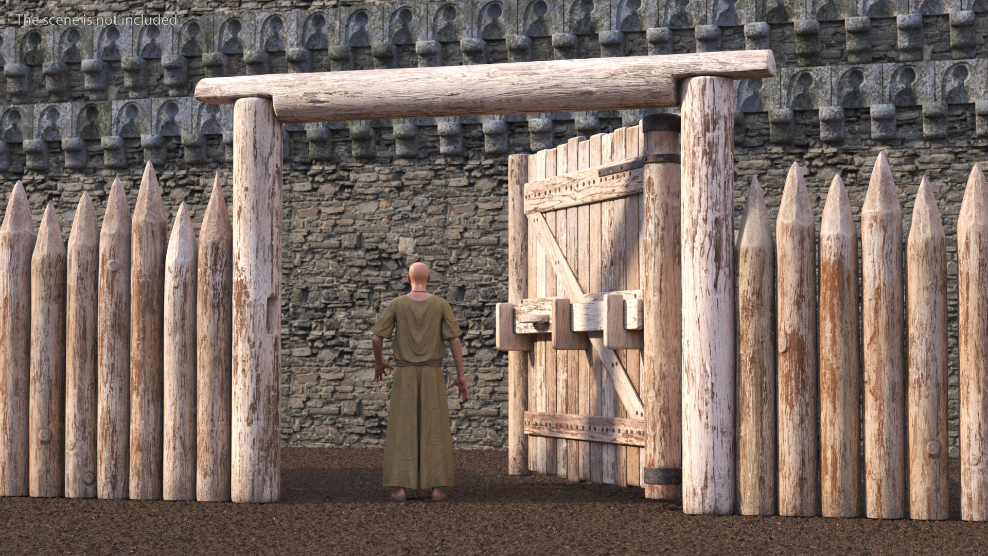 Medieval Wooden Gate and Monk 3D model