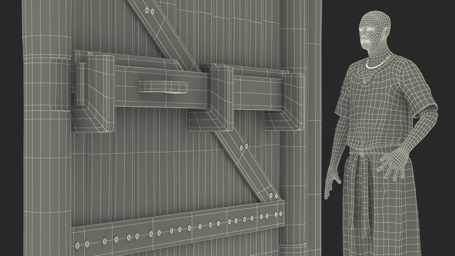 Medieval Wooden Gate and Monk 3D model