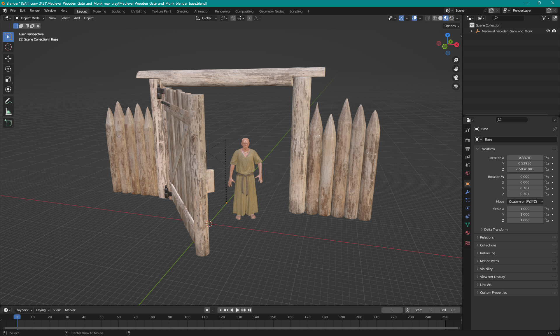 Medieval Wooden Gate and Monk 3D model