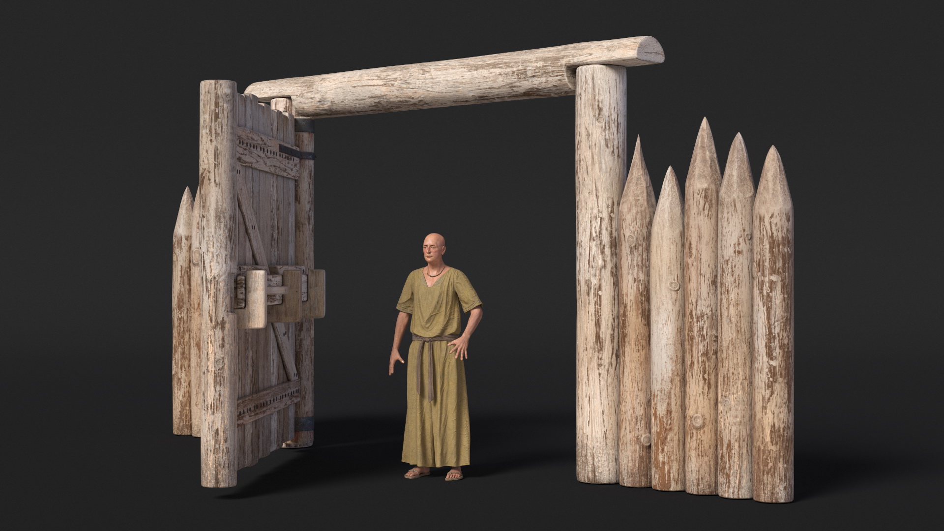 Medieval Wooden Gate and Monk 3D model