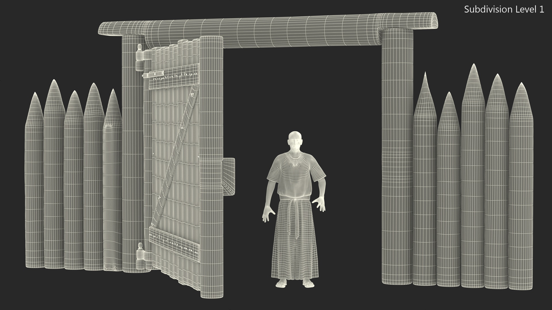 Medieval Wooden Gate and Monk 3D model