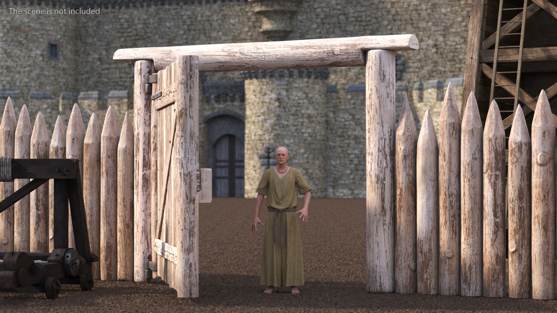 Medieval Wooden Gate and Monk 3D model