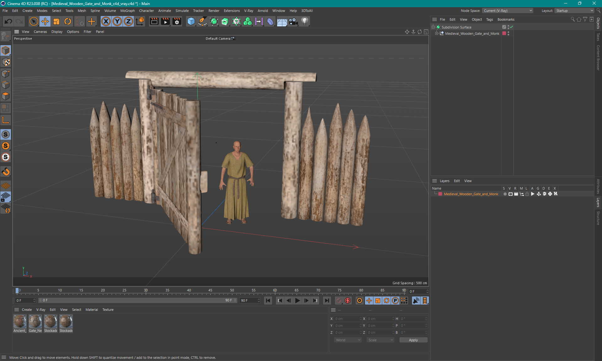 Medieval Wooden Gate and Monk 3D model