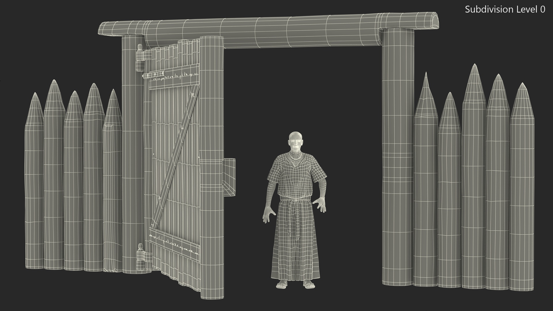 Medieval Wooden Gate and Monk 3D model