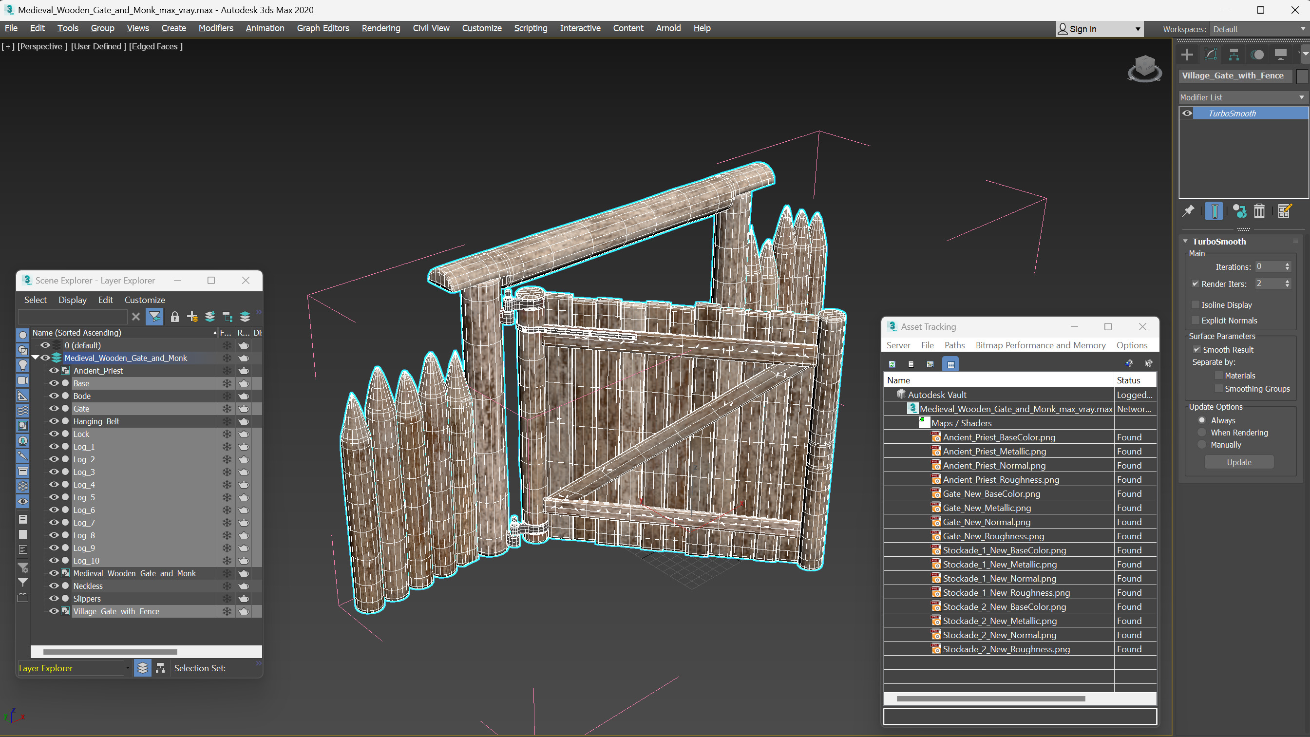 Medieval Wooden Gate and Monk 3D model