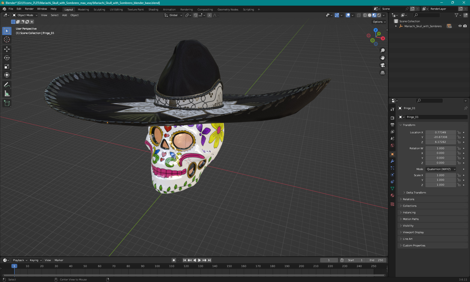 3D Mariachi Skull with Sombrero model