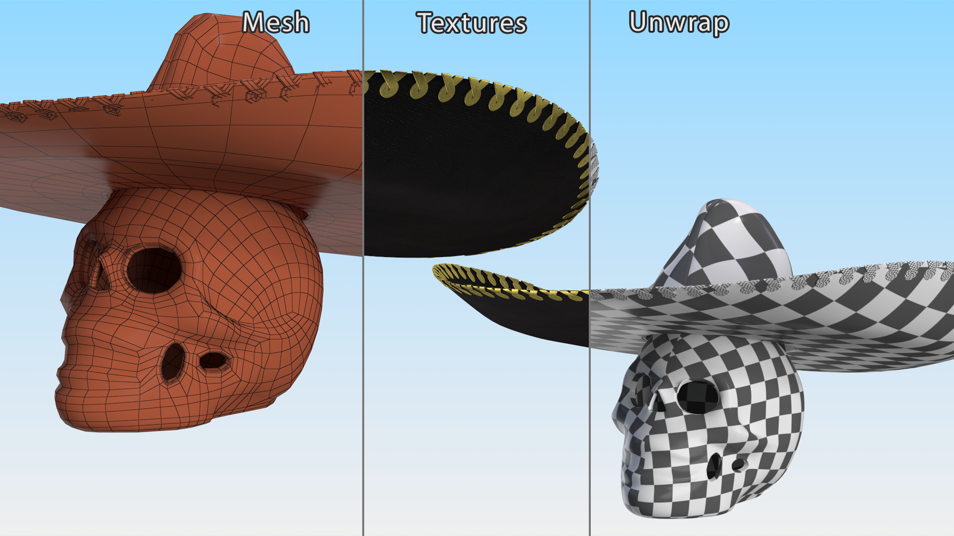 3D Mariachi Skull with Sombrero model