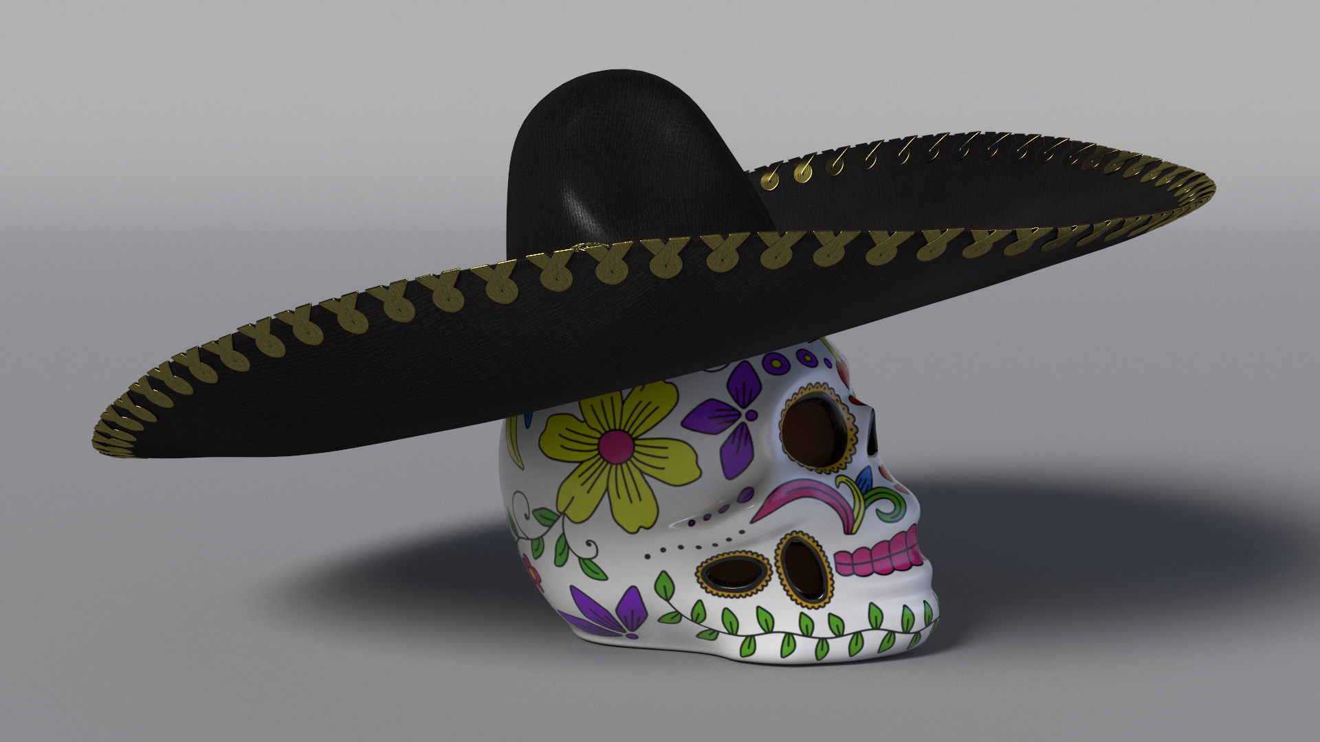 3D Mariachi Skull with Sombrero model