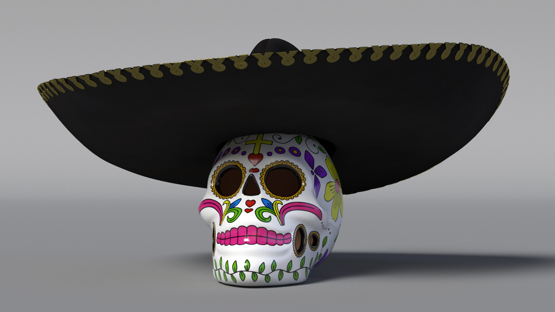 3D Mariachi Skull with Sombrero model