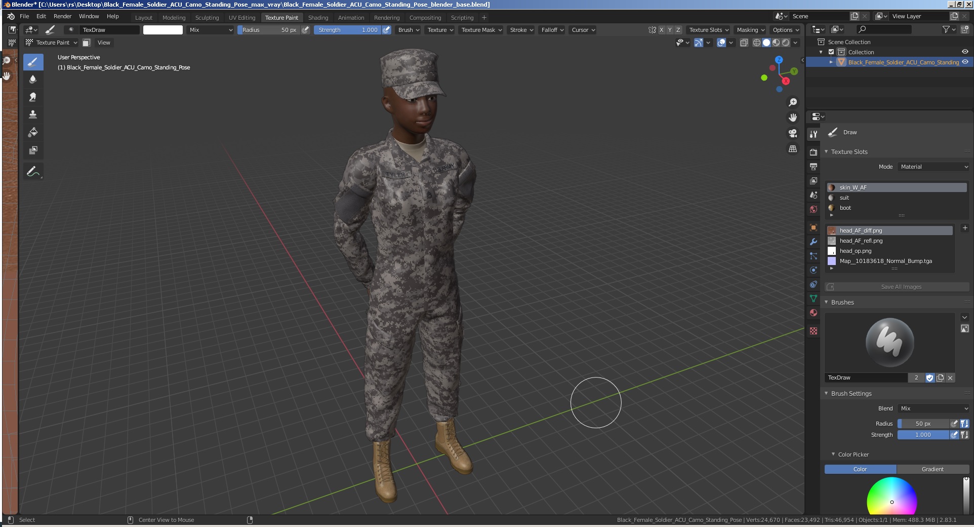 3D Black Female Soldier ACU Camo Standing Pose model