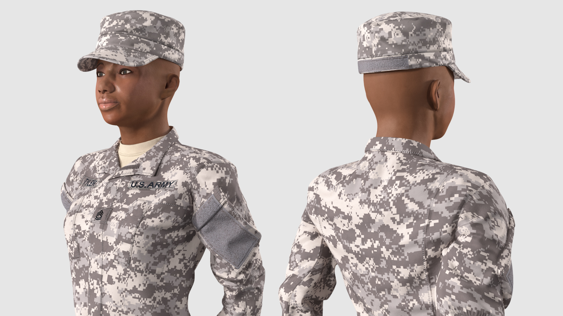 3D Black Female Soldier ACU Camo Standing Pose model