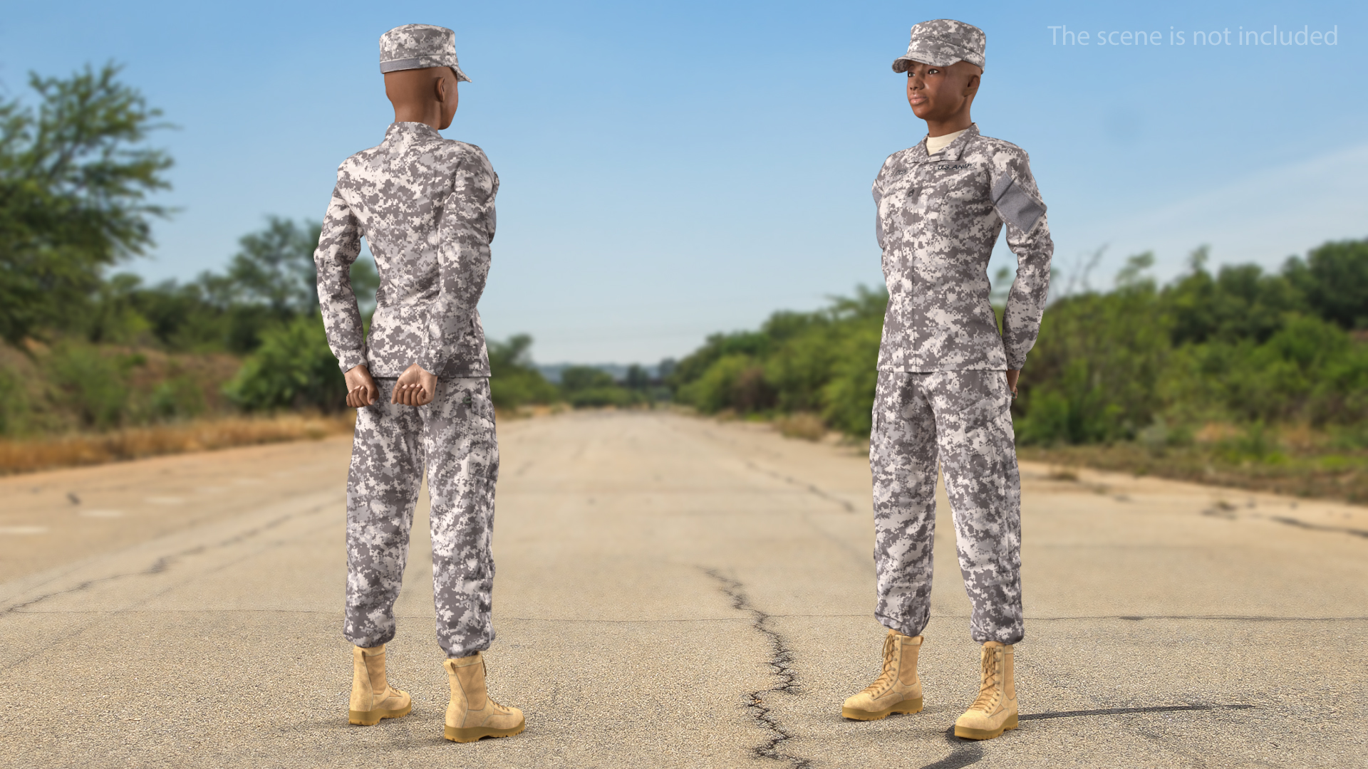 3D Black Female Soldier ACU Camo Standing Pose model