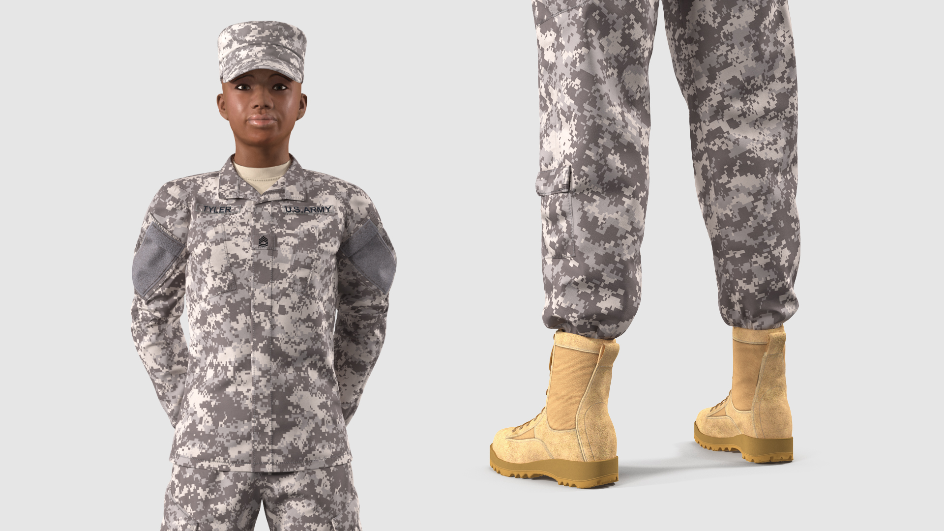 3D Black Female Soldier ACU Camo Standing Pose model