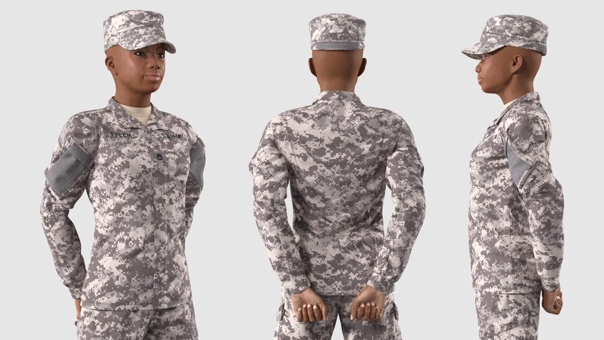 3D Black Female Soldier ACU Camo Standing Pose model