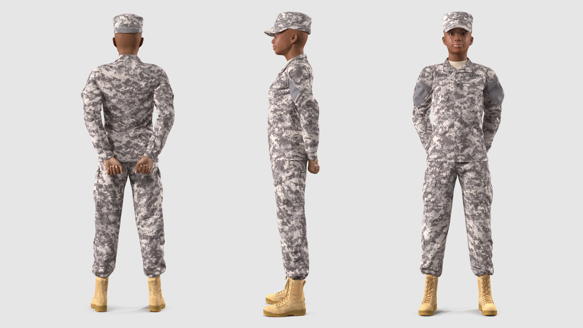 3D Black Female Soldier ACU Camo Standing Pose model